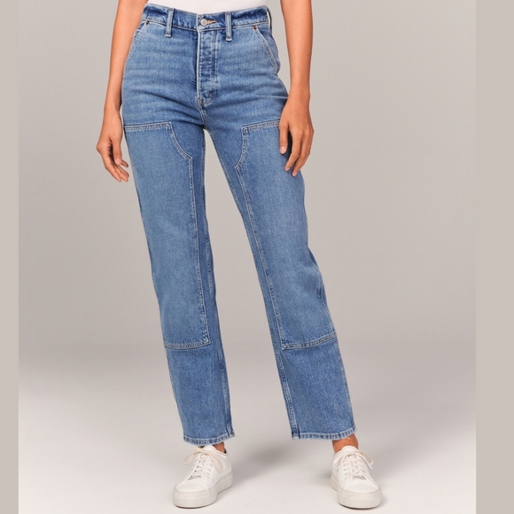 Abercrombie & Fitch Blue Dad High Rise Carpenter Straight Leg Jeans - Picture 1 of 12